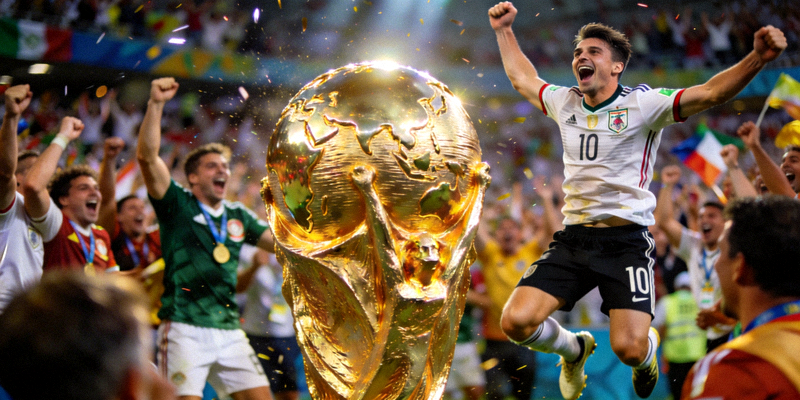 世界杯直播画面 - 大力神杯特写与庆祝的球员